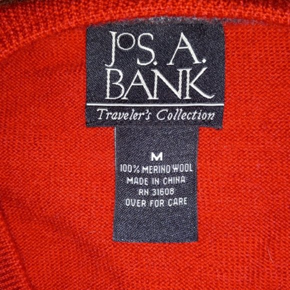 100% MERINO WOOL Jos A Bank RED V NECK SWEATER - Picture 4 of 4